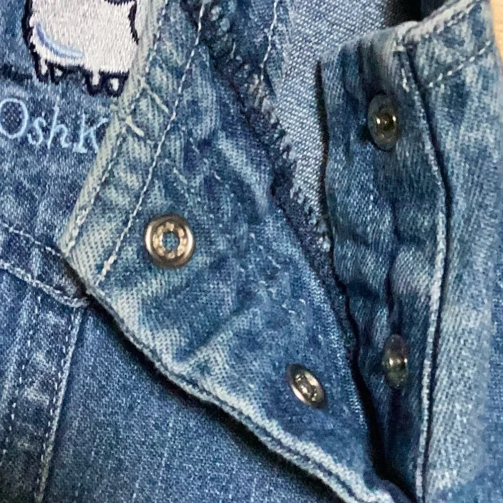 Vintage OshKosh B’Gosh Embroidered‎ Lamb Alphabet Blue Jean Denim Dress Jumper